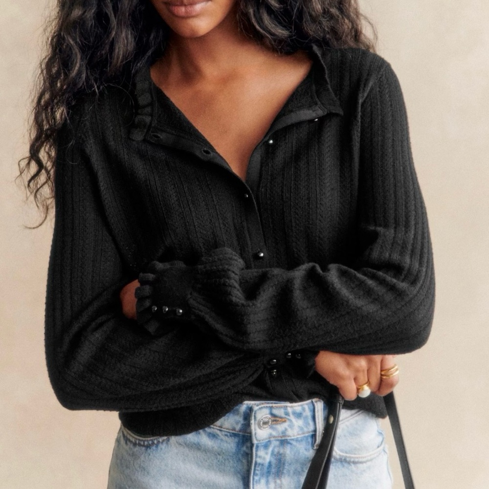Sézane Louis Cardigan Black Merino Wool Ruffle Button XS